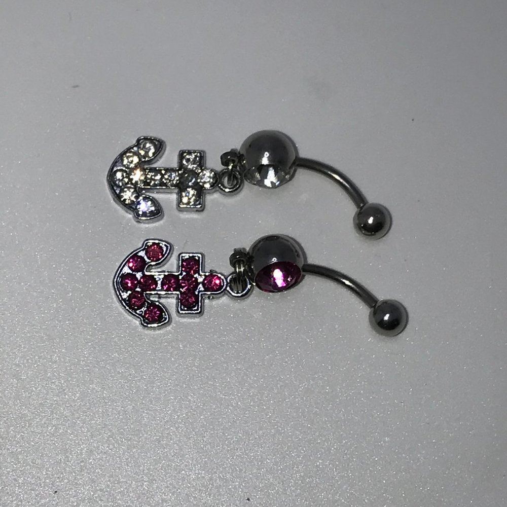 Hot Pink Rhinestone Anchor Design Dangle Belly Ring - Picture 4 of 4